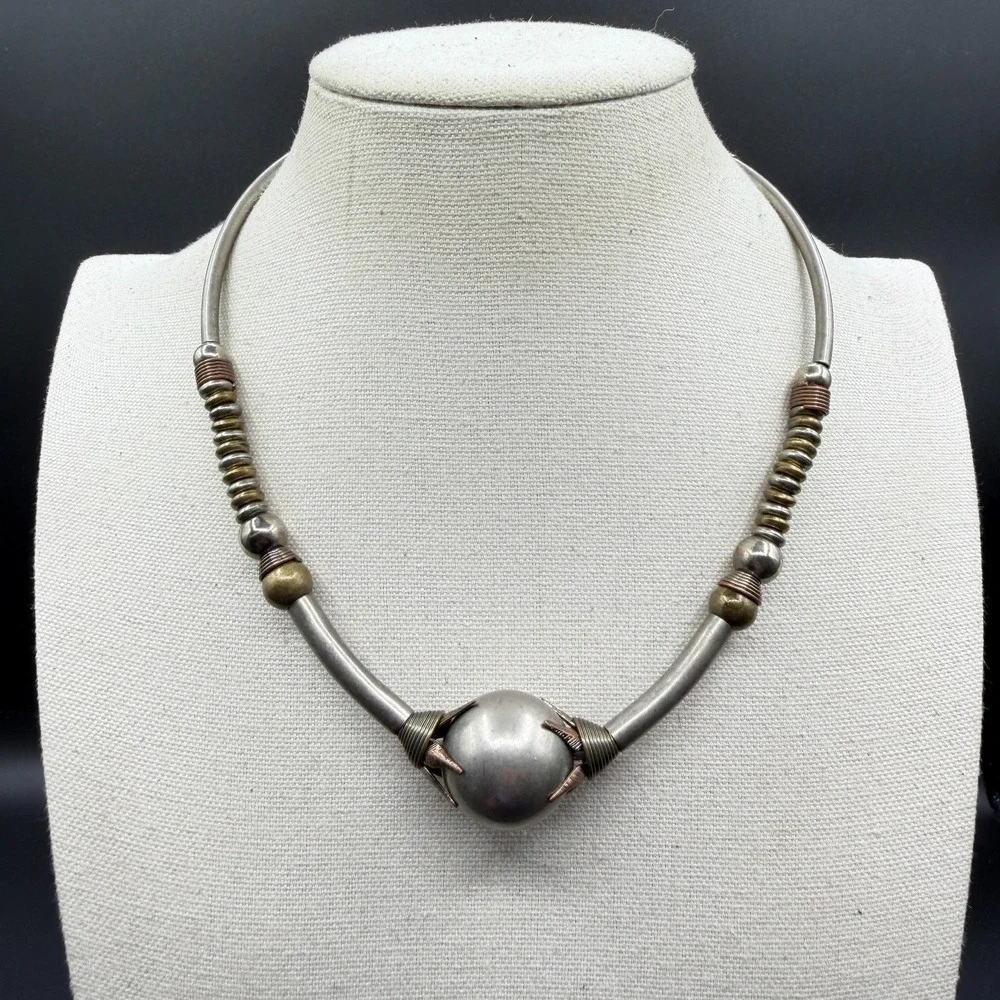 Mixed Metal Orb Collar Necklace Silver Copper & Brass Tone Statement Artisan